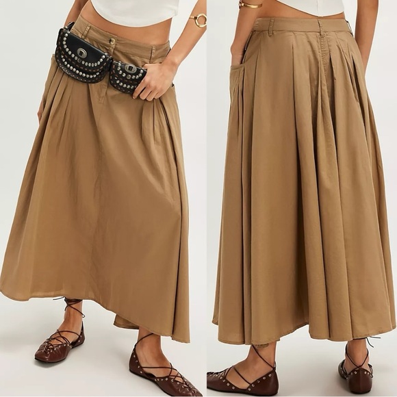 Free People All Around Midi Maxi Full Skirt Olive Tan Khaki Size Large Neutral - Picture 11 of 14